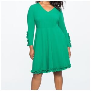 Eloquii ruffle trim green dress fit flare long sleeve sz 20